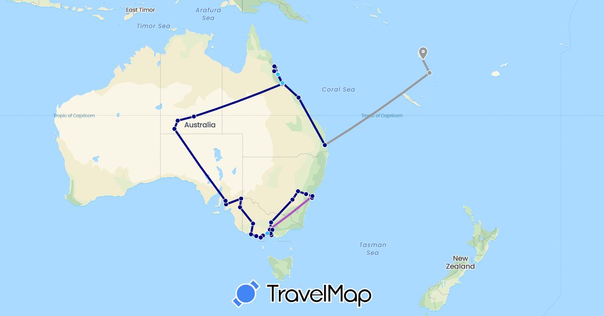 TravelMap itinerary: driving, plane, train, hiking, boat in Australia, Vanuatu (Oceania)